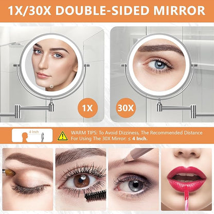 Auxmir 1X/30X Wall Mounted Makeup Mirror with Light, 8" Rechargeable Double-Sided Magnifying Mirror, Vanity Mirror Dimmable 3 Color Light, 360° Extension Rotation Foldable 14.5 Inch Arm, Chrome