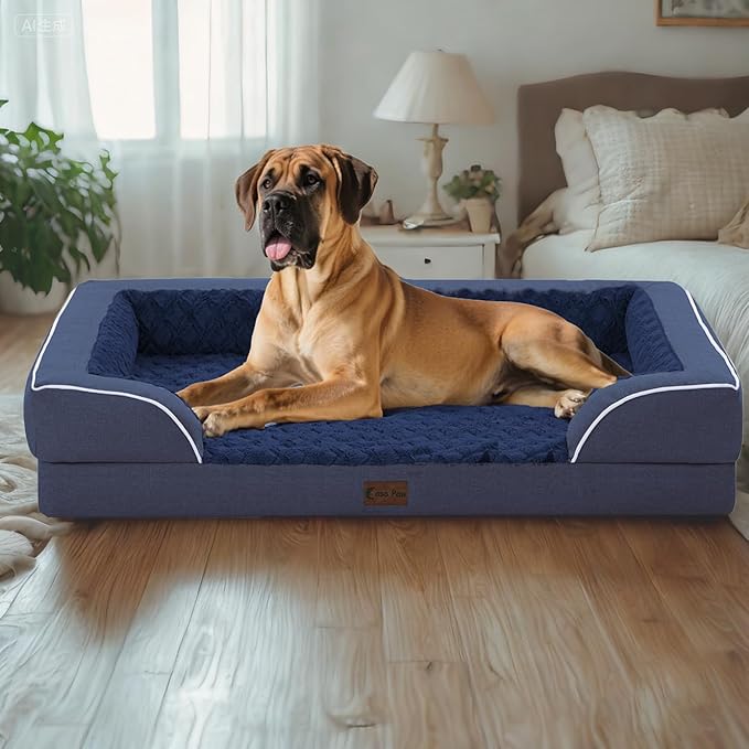 Orthopedic Dog Beds, Waterproof Memory Foam Large Sized Dog Bed with Sides, Non-Slip Bottom and Egg-Crate Foam Big Dogs Beds with Removable Washable Cover(Large,Navy Blue)-Mewly Pet