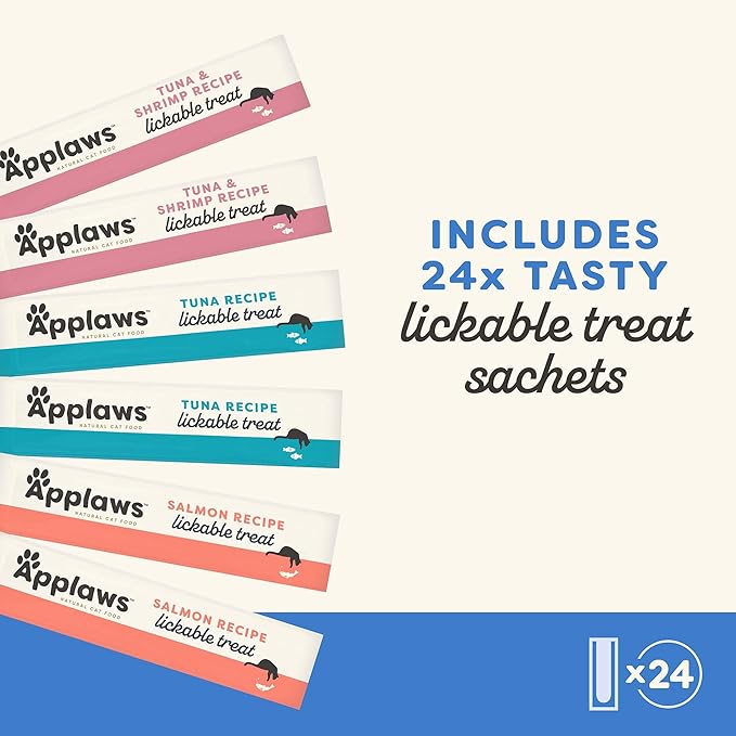 Applaws Lickable Cat Treats, Natural Grain-Free Purée, Limited Ingredient, Fish Squeeze Up Cat Treats (24 x 0.25 oz Sachets)-Mewly Pet