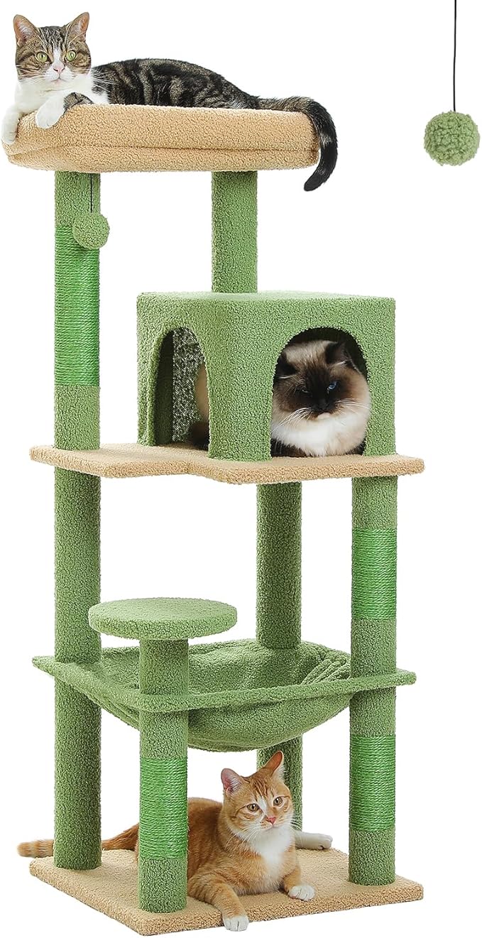 Cactus Cat Tree for Indoor Cats, 45.7" Multi-Level Cat Tower with Large Metal Frame Hammock, Cat Condo with 4 Scratching Posts and Top Perch, Green-Mewly Pet
