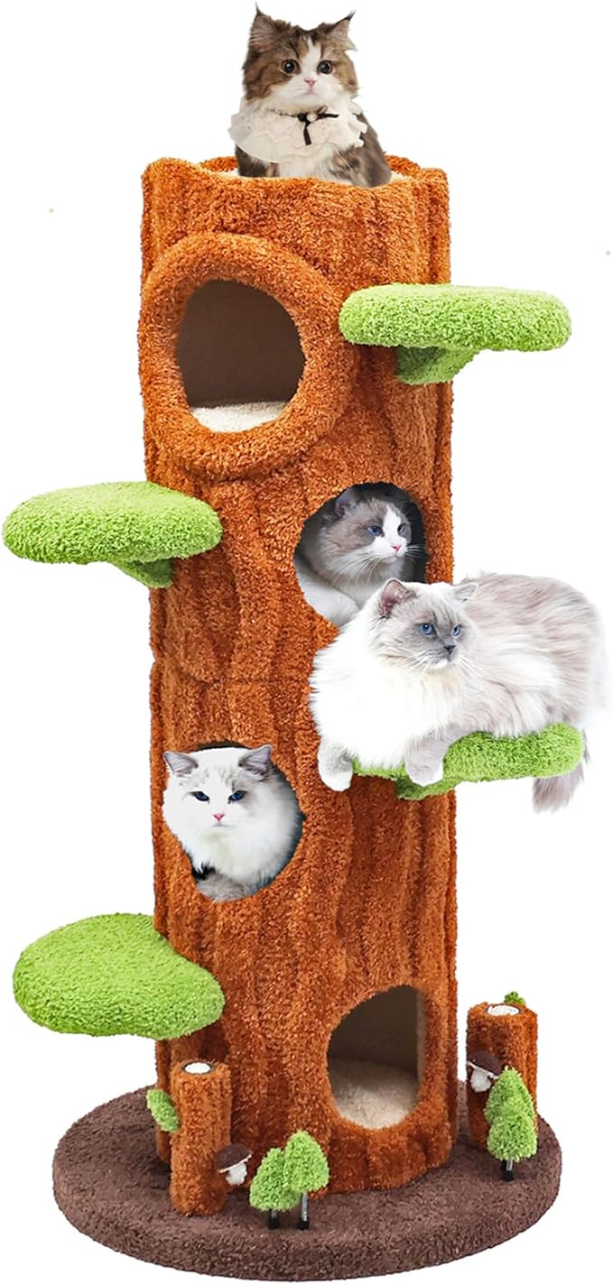 Magic Forest Cat Tree Tower, 62 inches Tall, Real Solid Wood Cat Tree for Multi-Cat Household-Mewly Pet