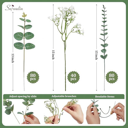 Serwalin 200 Pcs Mixed Artificial Eucalyptus Stems，Babys Breath Artificial Flowers Bulk with Artificial Fake Greenery Stems for Wedding DIY Bouquets Floral Arrangement Home Decor