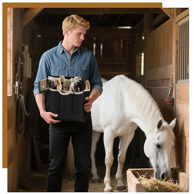 Abbylike 12 Pieces Horse Grooming Kit with Organizer Tote Bag Tack Room Supplies Horse Brush Sets Equine Care Cleaning Kit Shedding Grooming Massaging Tools(Khaki)-Mewly Pet