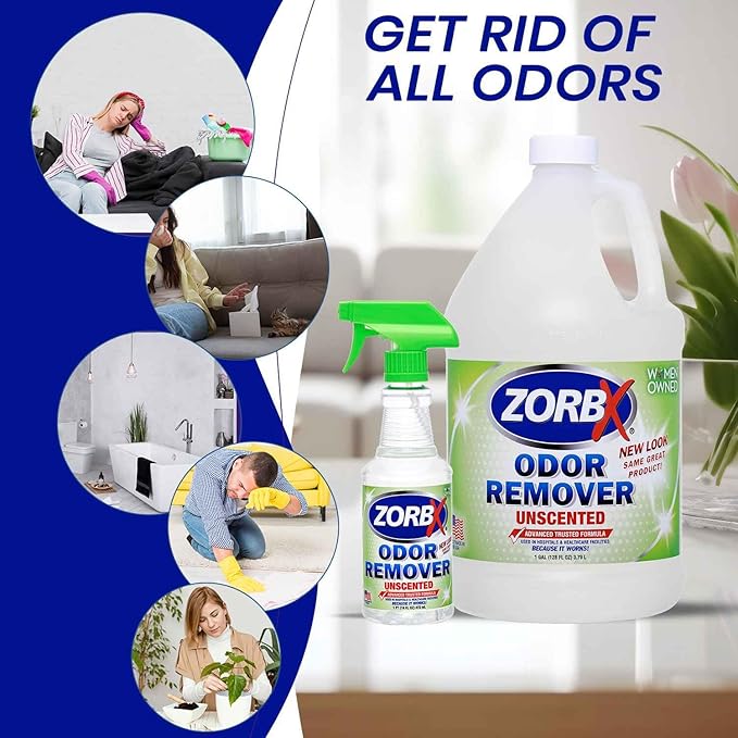 ZORBX Unscented Odor Eliminator for Strong Odor 16 Oz + 128 Oz - Used in Hospitals & Healthcare Facilities - Advanced Trusted Formula, Fast-Acting Odor Remover Spray for Dog, Cat, House & Carpet-Mewly Pet