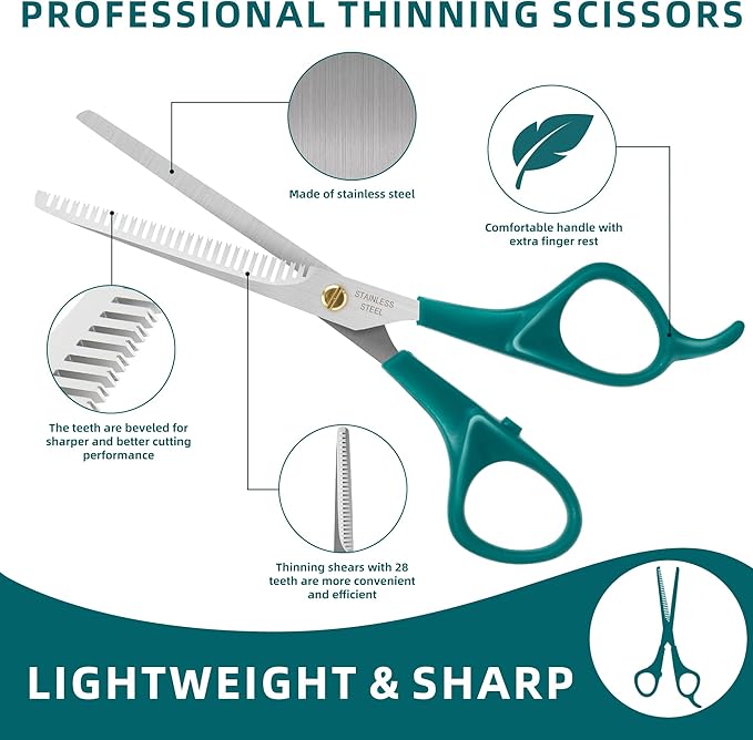 Professional Pet Grooming Kit, Stainless Steel Dog & Cat Grooming Shears with Rounded Tip Blades for Safe Fur Trimming, Thinning Shears, Straight Scissors, and Pet Comb (Set of 3)-Mewly Pet