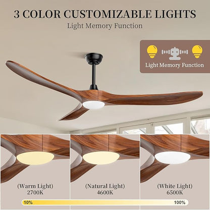 Obabala Ceiling Fans with Lights and Remote, 60inch Outdoor Ceiling Fan 3 Solid Wood Blades Fan with 3 Downrods for Patios, Modern Ceiling Fan with Noiseless Reversible DC Motor (Solid Wood, 60in)