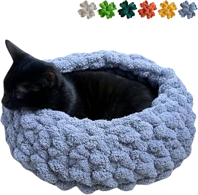 Cat Nest Bed – Premium Handwoven Washable Extra Soft Round Cave House for Indoor Kitten & Kitty, Small & Large (Grayish Blue,Large)-Mewly Pet