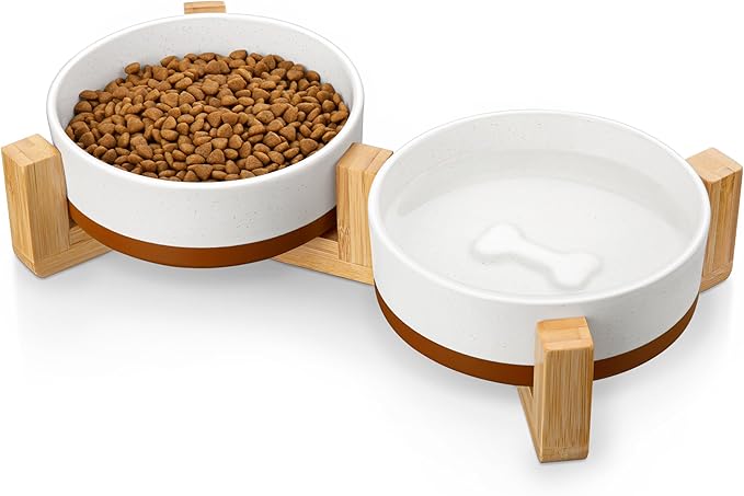 MALACASA Ceramic Dog Bowls, Dog Water/Food Dish with Wood Stand Non-Slip,14oz, Pet Basic Bowls for Your Puppy, Small Dogs or Cats,Glaze Matte Weighted Non-Slip (S-1.5 Cups)-Mewly Pet
