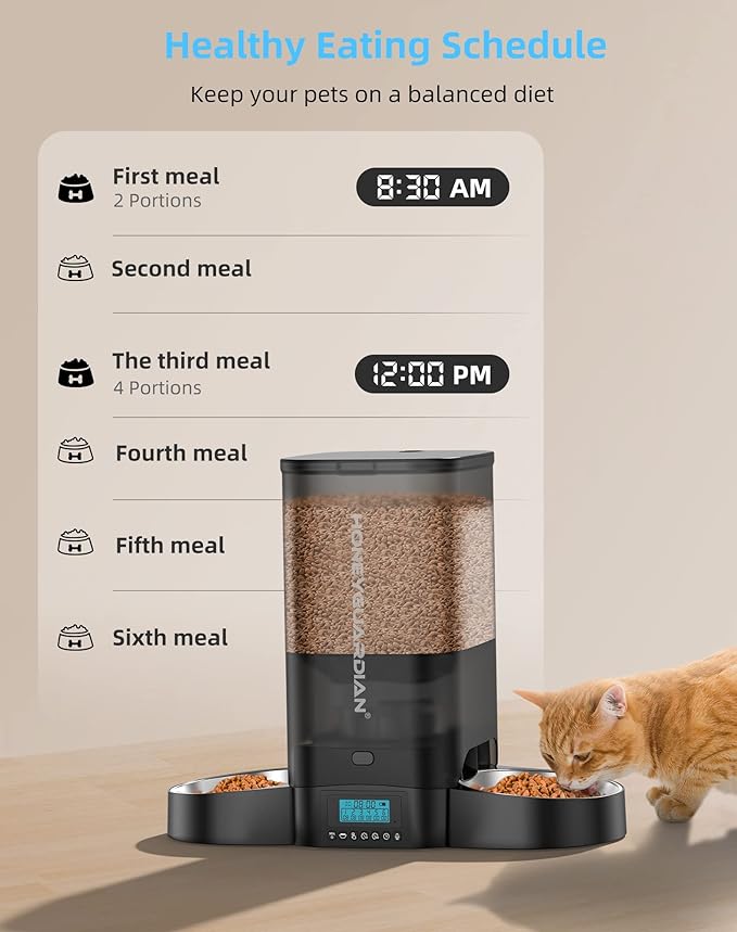 HoneyGuaridan 5L Automatic Cat Feeder for Two Cats, Cat Food Dispenser with Stainless Steel Bowl,Timed Feeder Programmable 1-6 Meals Control, Dual Power Supply,Desiccant Bag Black-Mewly Pet
