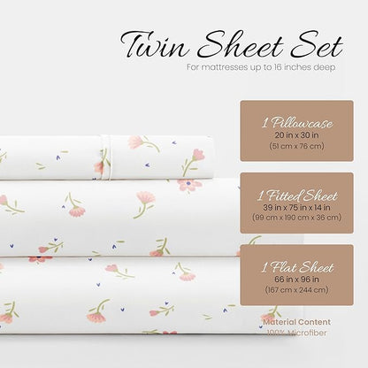 Linen Market Double-Brushed Patterned Microfiber Twin Sheet Set 3 Piece – Oeko-TEX Certified Ultra Soft & Wrinkle-Free - 16" Deep Pocket Sheets - Easy Care Twin Size - Soft Floral Pink