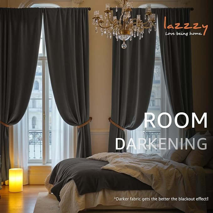 Lazzzy Velvet Blackout Curtains Thermal Insulated Room Window Drapes Super Soft Luxury Curtains for Living Room Bedroom Rod Pocket 2 Panels, Grey, 52" W x 84" L