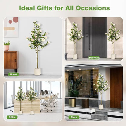 5FT Artificial Camellia Tree with White Planter & Pebbles,Faux Flower Tree with Lifelike Leaves and Realistic Trunk,Tall Fake Potted Plant for Home Decor Indoor Outdoor. (White, 5FT)