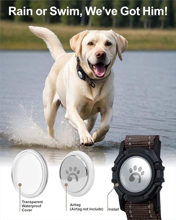 TagME Airtag Dog Collar,Waterproof Reflective Pet Collar with Airtag Holder,Soft Padded and Double D-Rings for Large Dogs,Brown-Mewly Pet