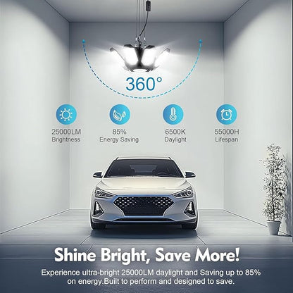 TANBABY Upgrade 250W LED Garage Lights Plug in 2 Pack, Total 50000LM Deformable Lights Ceiling LED Plug in Cord, Plug in Shop Light for Garage Lighting with 8+1 Panels Garages Bulb for Basement