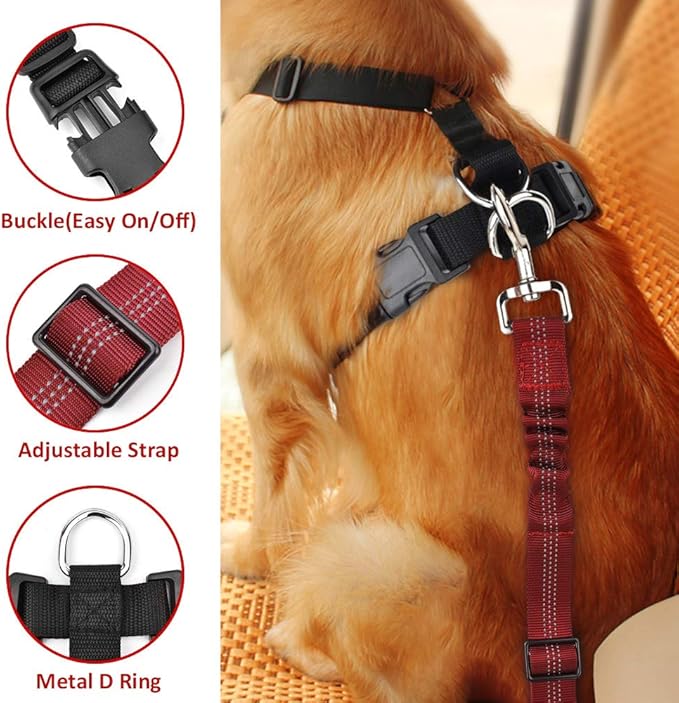 SlowTon Dog Seat Belt Harness for Car, Dog Car Harness Adjustable Mesh Breathable & Dog Seatbelt Safety Tether with Elastic Bungee for Small Medium Large Pets(Red Seatbelt, Single Clip, XXXS)-Mewly Pet
