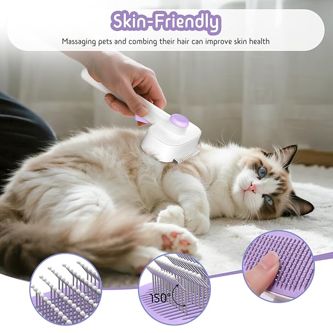 Self Cleaning Slicker Brush, 2-in-1 Cat Brush for Shedding, Skin Friendly Grooming Tool for Long & Medium-Long Hair Pets, Adjustable Bristle Length with Dematting Comb for Cats, Dogs (Purple)-Mewly Pet
