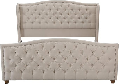 Jennifer Taylor Home Marcella Upholstered Shelter Headboard Bed Set, King, Sky Neutral Beige Polyester