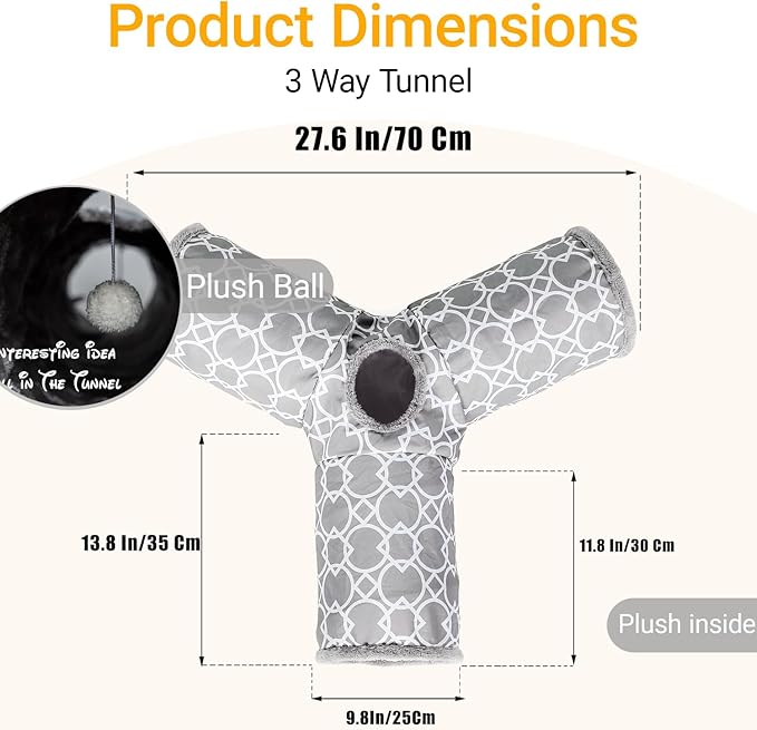 LUCKITTY Geometric 3 Way Cat Tunnel with Plush Inside,Cats Toys Collapsible Tunnel Tube with Balls, for Rabbits, Kittens, Ferrets,Puppy and Dogs-Mewly Pet