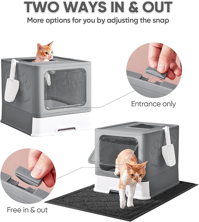 Cat Litter Box with X-Large Litter Mat and Scoop, Large Foldable Litter Box with Lid, Enclosed Kitty Box,Front Top Entry Exit, Odor Control Easy to Clean (Upgrade Dark Grey)-Mewly Pet