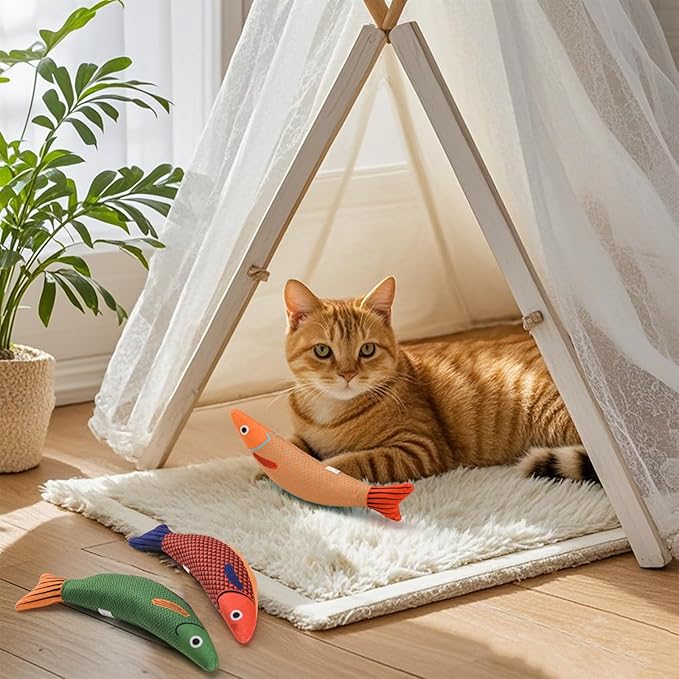 AUSCAT Cat Catnip Toys, 3PCS Catnip Fish Toy for Cats, Cat Kicker Toys with Crinkle Sound, Interactive Plush Soft Cat Toys for Indoor Cats and Kittens-Mewly Pet