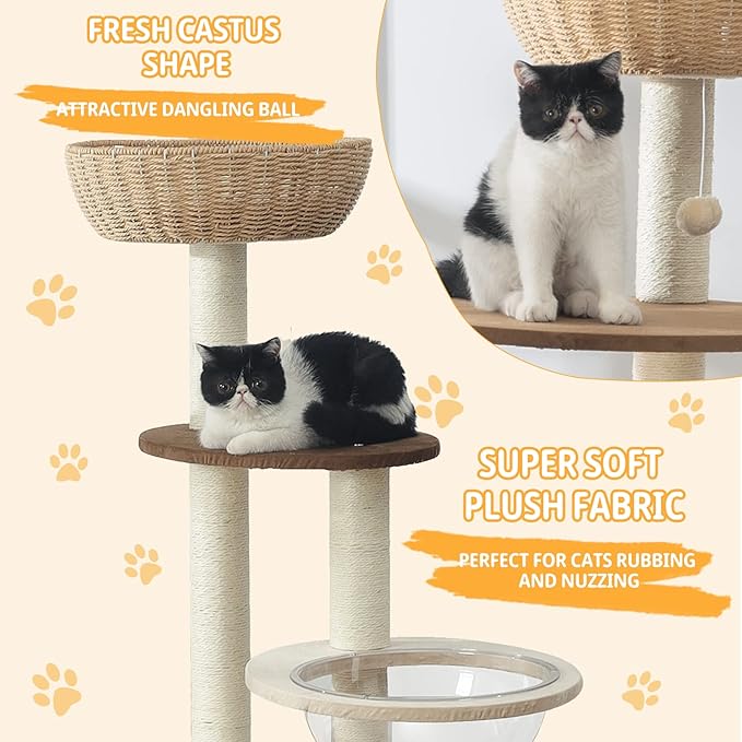 Modern Cat Tree Tower for Large Cats, Real Natural Sisal Luxury Cat Condo, Manual Hand Woven Wood Cat Tower, Indoor Cat Scratching Tree, New Cat Condo Lover Gift-Mewly Pet