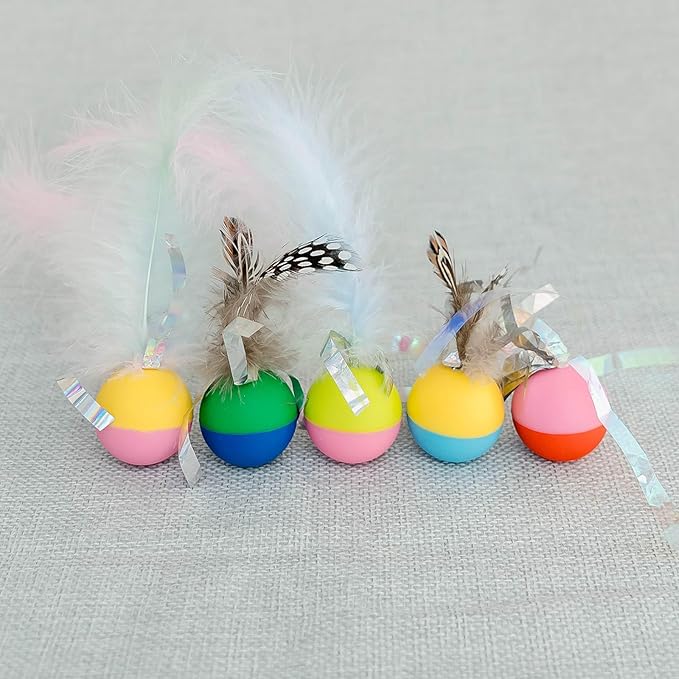 Plumed Cat Ball Toy for Indoor Cats, Assorted Color, Silicone Bouncy Ball Toy Set (5PCS)-Mewly Pet