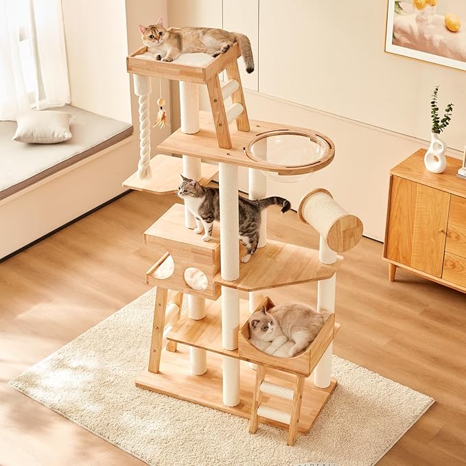 Wood Cat Tree for Indoor Cats, Modern Cat Tower, Unique Cat Condo with House, Tall Luxury Furniture with Heavy Duty Wide Base, Kraft Paper Rope Scratching Post, Removable Cushion (74.8-inch)-Mewly Pet