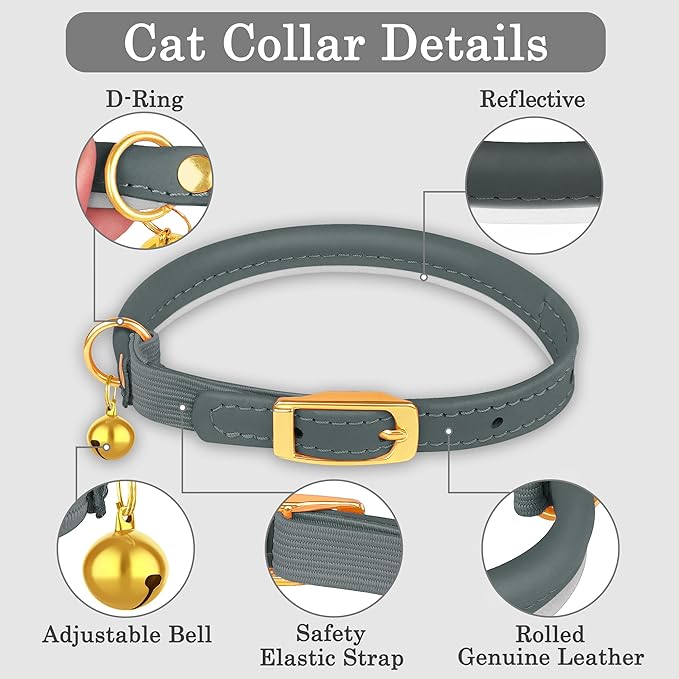 OOPSDOGGY Rolled Leather Cat Collar with Bell - Reflective Kitten Collar with Safety Elastic Strap - Adjustable Small Pet Collars for Boy Girl Cats (Denim)-Mewly Pet