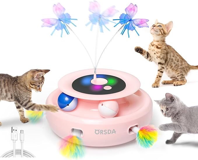 ORSDA Cat Toy, 3-in-1 Automatic Interactive Electronic Moving Ambush Feather, Fluttering Butterfly, Track Balls, USB Rechargeable Powered Smart Indoor Exercise Kicker-Mewly Pet