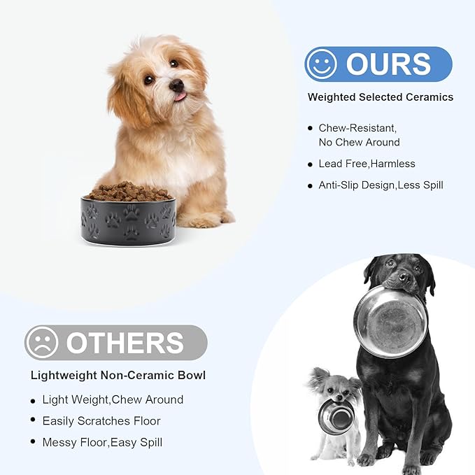 SPUNKYJUNKY Ceramic Dog and Cat Bowls 2 Pack, 5.1'' Dog and Cat Food Water Double Feeding Bowls Non-Slip for Cats and Puppy Small Sized Breed Dogs Microwave Dishwasher Safe - 13.5 OZ, 2pcs, Paw Black-Mewly Pet