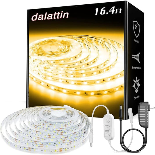 dalattin Warm White LED Strip Lights, 3000K Tunable Soft White Light Strip 16.4ft, Bright 300 LEDs, White Led Lights for Bedroom, Mirror, Kitchen Decoration