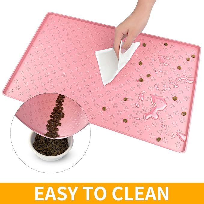 Ptlom Pet Placemat for Dog and Cat, Mat for Prevent Food and Water Overflow, Suitable for Small, Medium and Big Pet 18" 12", Pink-Mewly Pet
