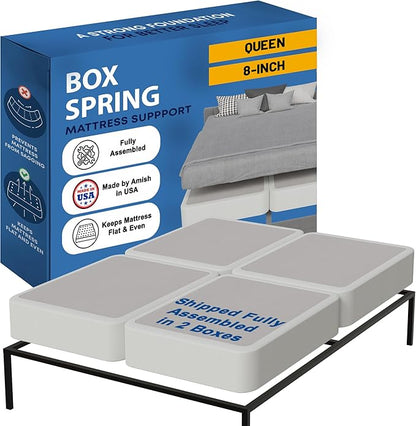 Greaton, Box Spring Bed Base Size, 8-Inch Wood Amish Made in USA – Quiet Noise Free, 4-Pieces Under Mattress-Support BoxSpring, Fully Assembled, White, Queen(Fold), 8" Foundation