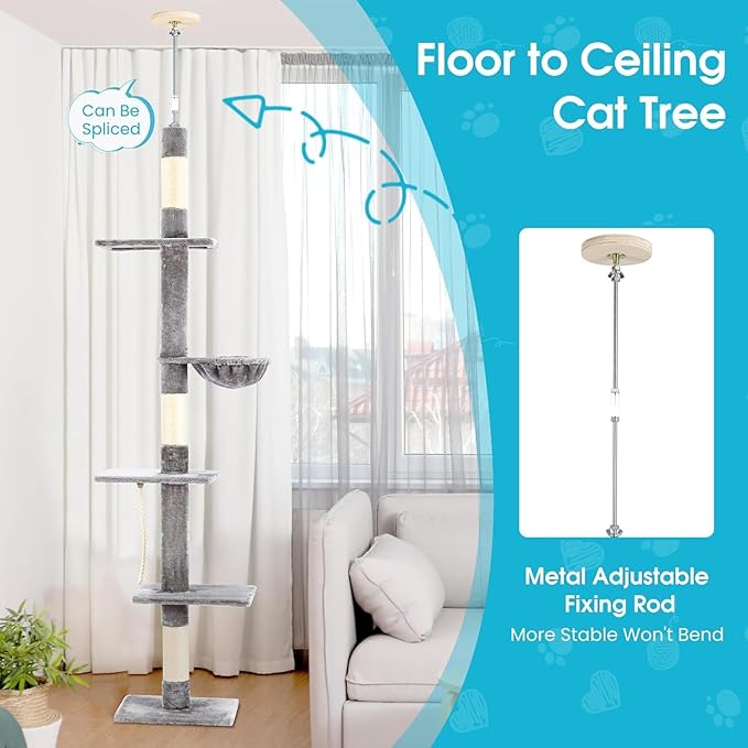 Cat Tree 5-Tier Floor to Ceiling, 89-109 Inch Adjustable Height Cat Tower with Cozy Hammock, Cat Climbing Tree for Indoor Cats, Gery-Mewly Pet