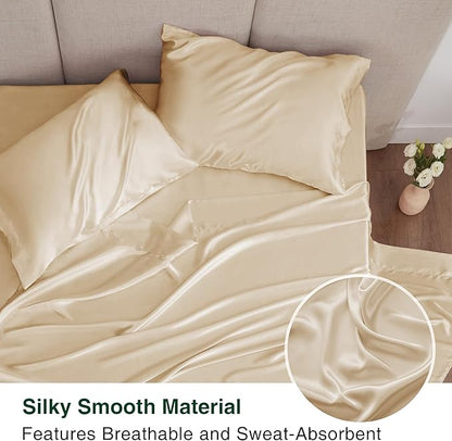 Love's cabin Full Size Satin Sheet Sets - 4 Piece Beige Silky Sheet Set with Deep Pocket, Luxury Silk Feel Satin Sheets Full Bedding Set (1 Flat Sheet,1 Fitted Sheet,2 Pillow Cases)
