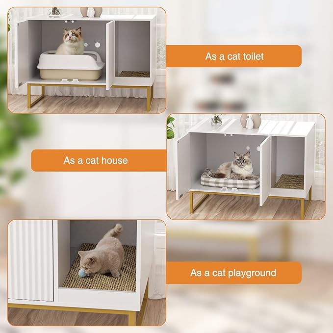 Cat Litter Box Enclosure, Fluted Hidden Litter Box Furniture with Scratch Pad and Metal Legs, Modern Enclosed Cat Cabinet, 31.5 x 17.7 x 21.7 Inches Indoor Pet House for Living Room, Washroom, White-Mewly Pet
