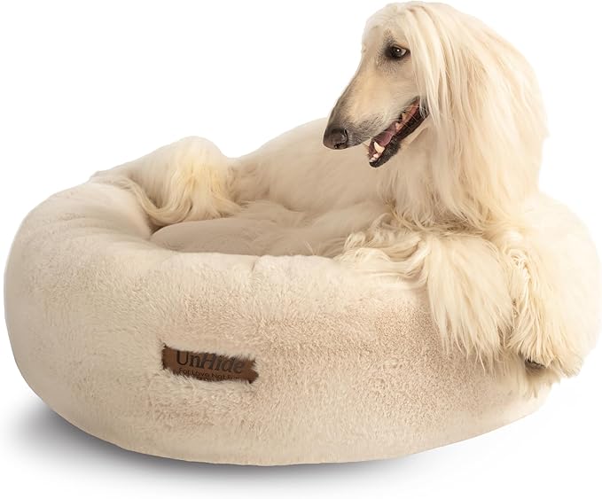 UnHide Floof Pet Bed - Large (35" x 12") - Extra Soft Dog Bed - Removable Faux Fur Cover - Machine Washable - Helps Ease Pet Anxiety & Provides The Perfect Sleep - Beige Bear-Mewly Pet
