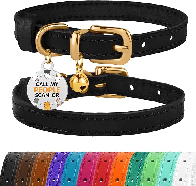 BRONZEDOG Leather Cat Collar with Removable Bells Non Breakaway Kitten QR Tag for Girl Boy (9" - 12" Cats/Mini Dogs, Black & Gold)-Mewly Pet