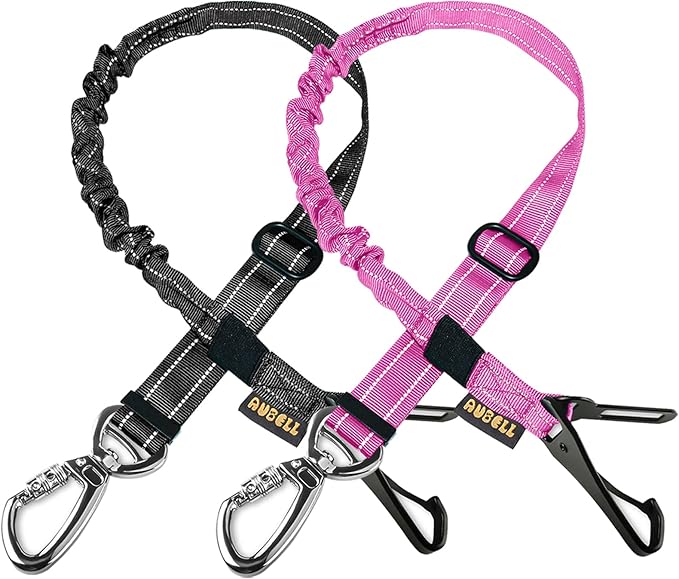 AUBELL Dog Seat Belt for Car,2 Pack Set 3-in-1 Adjustable Reflective Bungee Heavy Duty Dog Car Harness Tether with Clip Hook Latch & Buckle,Swivel Zinc Alloy Carabiner,Black+Hotpink-Mewly Pet