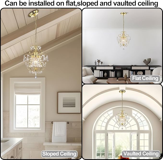 Small Crystal Chandelier for Bedroom, 90% Pre-Assembled 1 Light Gold Chandelier, Mini Acrylic Crystal Ceiling Light Fixture Charming for Girls Room, Closet, Bathroom, Entryway, Dining Room