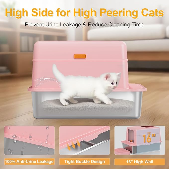 Stainless Steel Litter Box with Lid, 20L Metal Enclosed Litter Box for Big Cat, Flip-Top Design with Anti-Leakage High Sides, Large Cat Lovers Gifts (#2 Pink)-Mewly Pet