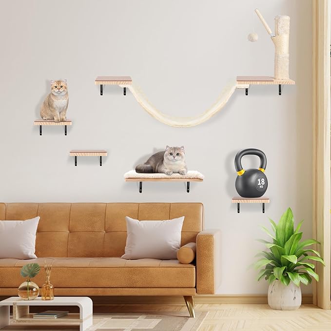 Wall Mounted Cat Climber Set, Cat Wall Shelves,Cat Wall Furniture Set,with Hammock,Jumping Boards,Sofa,Steps,Scratching Post,Hanging Ball and Felt Pads, Suit for Cats Climb, Jump,Scratch-Beige-Mewly Pet