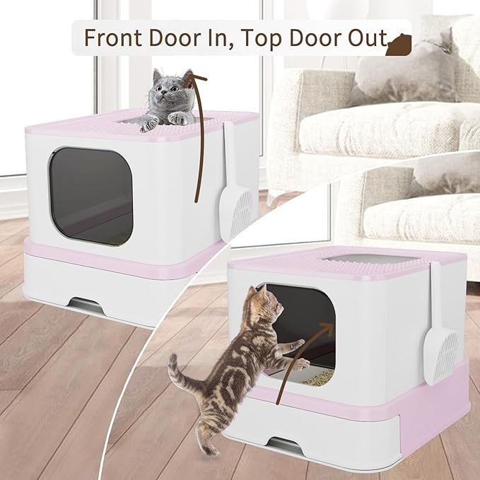 RIZZARI Cat Litter Box, Foldable Cat Box with Drawer, Large Capacity Litter Box with Lid, Top Opening Litter Pan for Small to Big Cats (Pink-Stainless Steel Basin)-Mewly Pet