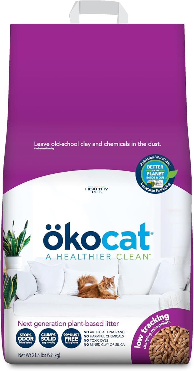 ökocat Less Mess Low Tracking Wood Clumping Cat Litter Mini- Pellets, Unscented, 21.5 pounds - Natural Ingredients, Stops Odor, Clumps Solid, 99% Dust Free, Great for Long-Hair Breeds-Mewly Pet