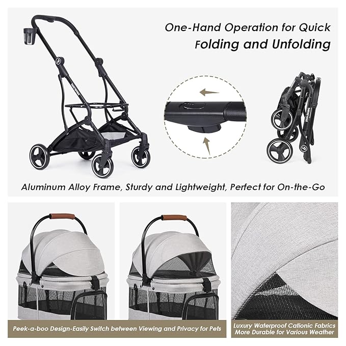 T3 3 in 1 Small Pet Stroller for Dogs & Cats, 4 Wheels for Dogs with Detachable Carrier with Pad, Canopy and Cup Holder, Grey-Mewly Pet
