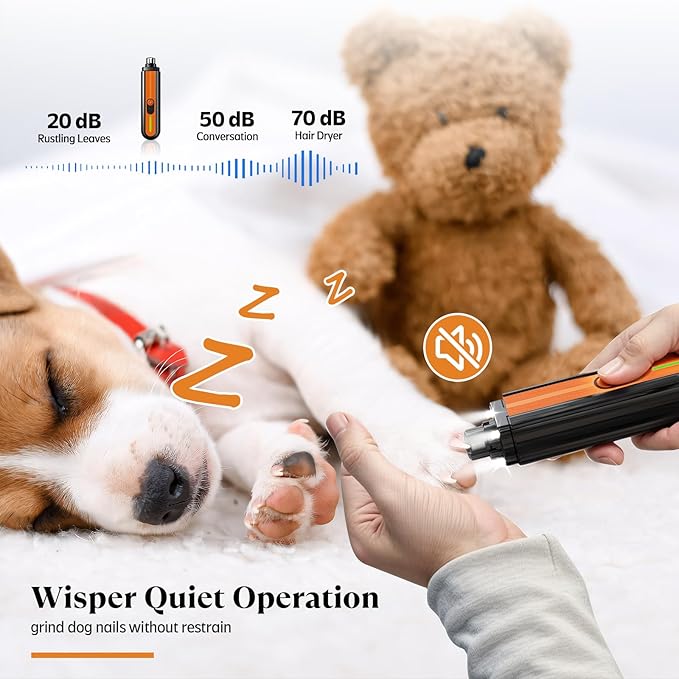 YABIFE 4-Lights Dog Nail Grinder, Easy Quick Locate Dog Nail Trimmers, for Puppy Paw Toenails or Pets from Small, Medium to Large, with Travel Lock, Whisper Quiet, Heavy Duty 3 Speeds-Mewly Pet