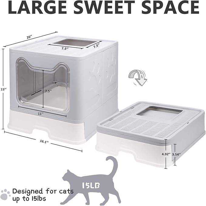 Foldable Cat Litter Box with Lid, Enclosed Potty, Large Top Entry Anti-Splashing Toilet, Easy to Clean Including Litter Scoop and 2-in-1 Cleaning Brush (Grey)-Mewly Pet