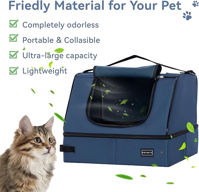 PETSFIT Travel Litter Box for Cats - Removable 2-Layer Leak-Proof Lining, Scratch-Resistant Fabric with Sturdy Support Frame, Cat Collapsible & Travel Litter Box Navy Blue-Mewly Pet