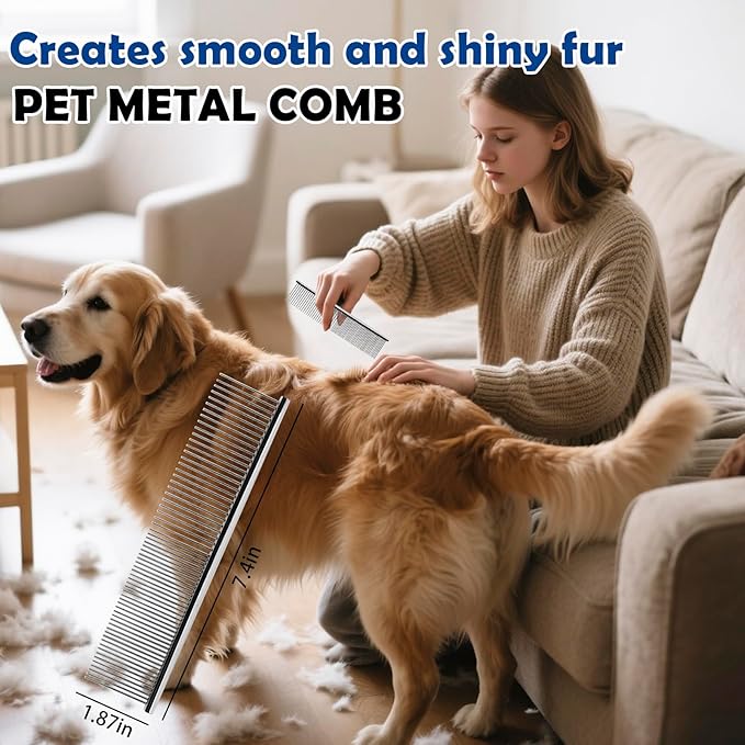 Dog Grooming Brush Set – 5-Piece Kit for Medium & Long-Haired Dogs | Includes Long Pin Brush, Flea Comb, Bath Glove, Silicone Glove, Metal Comb | For Poodles, Huskies & More (Blue)-Mewly Pet