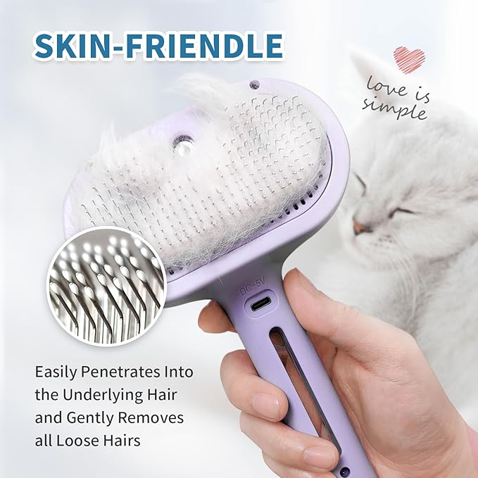 3 in 1 Steam Cat Brush for Shedding - Self-Cleaning Dog Grooming Tool for Long and Short Hair Pets - Removes Static, Flying Hair, and Loose Fur (Purple)-Mewly Pet